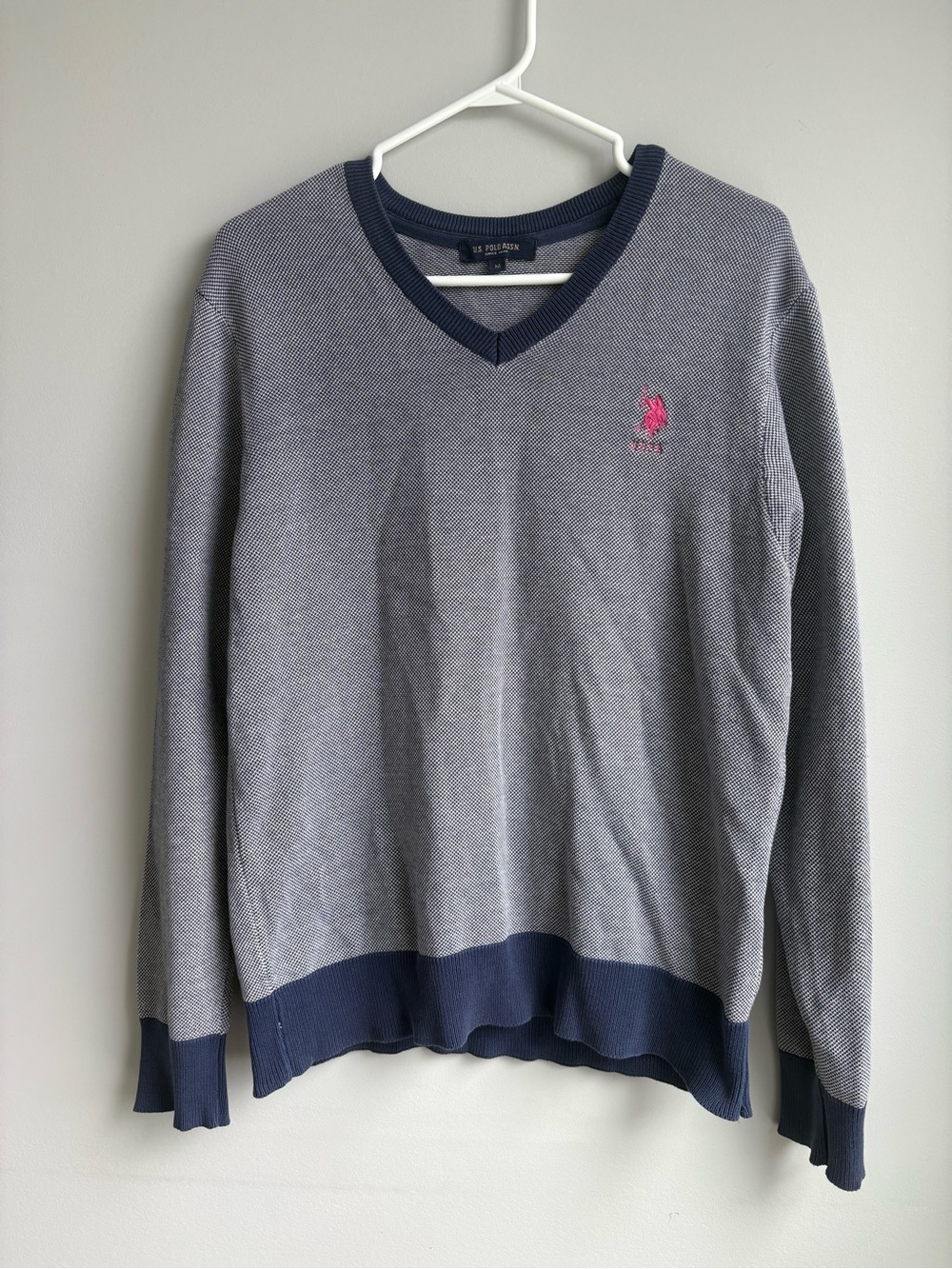 U.S. Polo Assn. Men’s Grey and Navy V-Neck Sweater with Pink Logo